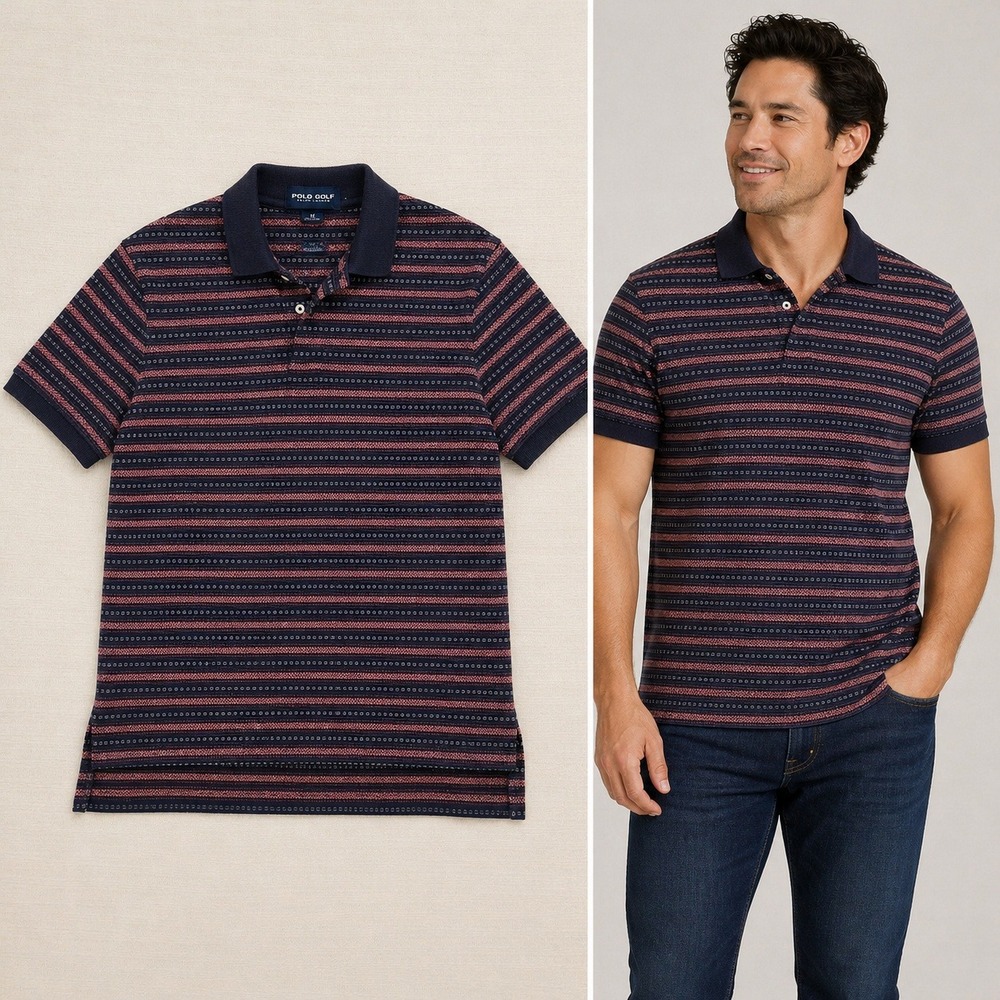Polo Golf Ralph Lauren Mens Medium Navy Blue Striped Cotton Polo Shirt Vintage